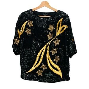 Vintage 80’s Silverleaf Black Gold Sequine and beaded Short Sleeve Top Medium